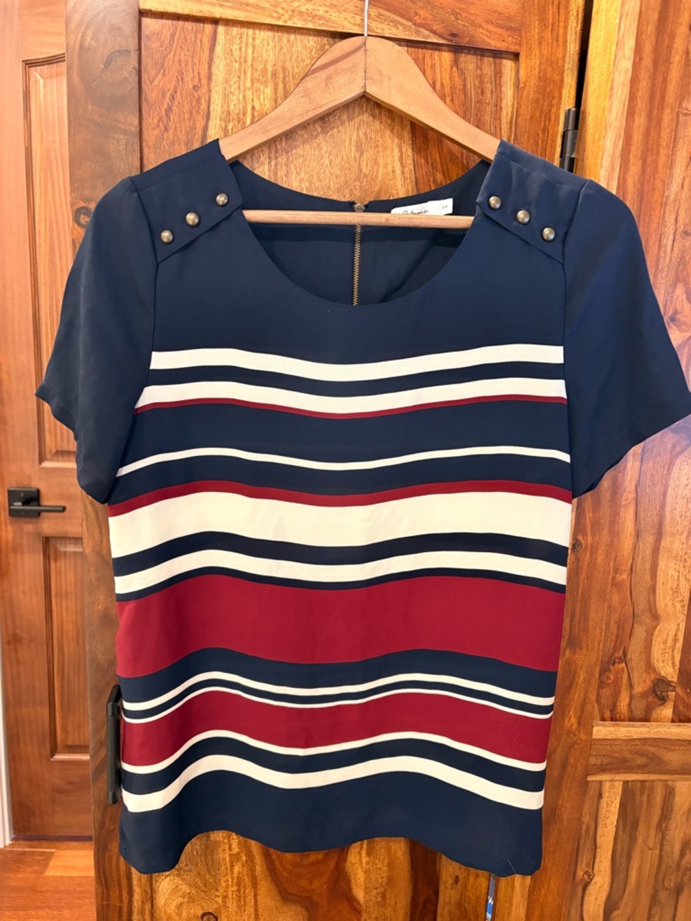 Reitmans Navy, White & Burgundy Striped Short Sleeve Top
